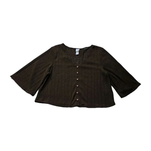 H&M Top Womens L Brown Sheer SS Button Up Knit Ribbed Cropped Relaxed Whimsigoth - Picture 1 of 15